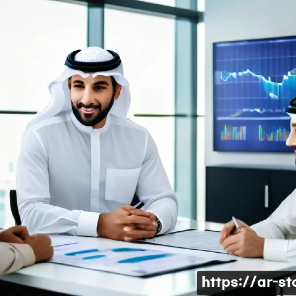 증권투자상담사와 해외 투자 상품 - A sophisticated Middle Eastern financial advisor consulting with a diverse Arab family in a modern o...