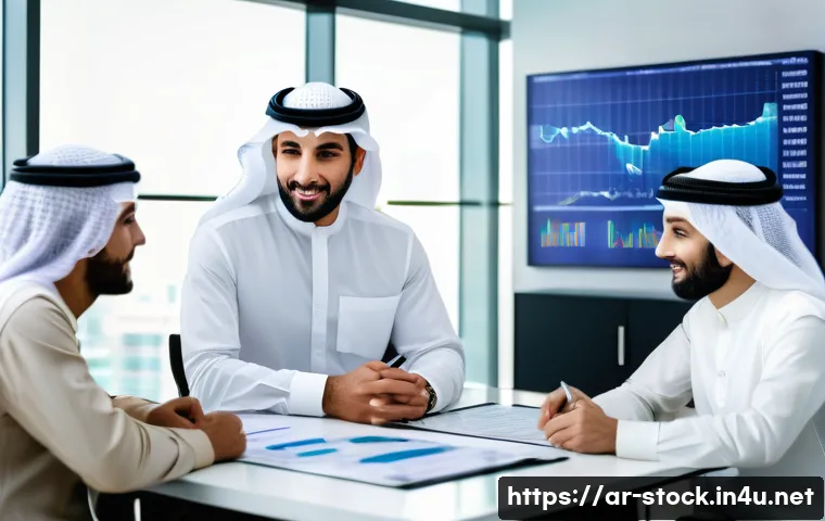 증권투자상담사와 해외 투자 상품 - A sophisticated Middle Eastern financial advisor consulting with a diverse Arab family in a modern o...