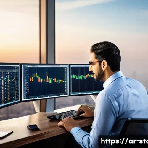 증권투자상담사와 펀드 투자 상담 팁 - A modern financial analyst sitting at a sleek desk with multiple monitors displaying dynamic stock m...