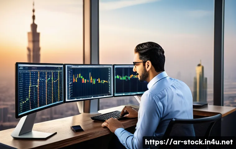 증권투자상담사와 펀드 투자 상담 팁 - A modern financial analyst sitting at a sleek desk with multiple monitors displaying dynamic stock m...
