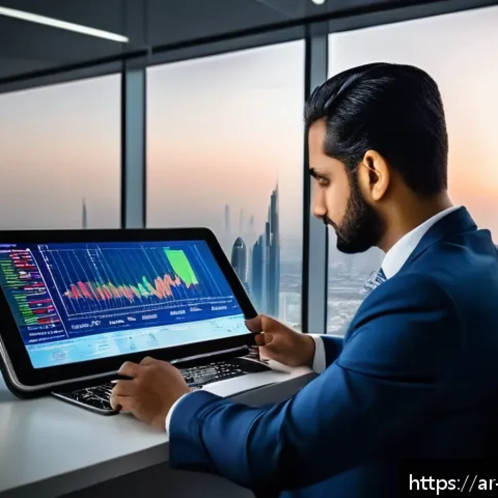 증권투자상담사 실무 팁 모음 - A sophisticated Middle Eastern financial analyst in a modern office overlooking a Dubai cityscape at...