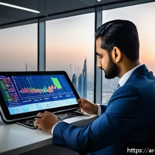 증권투자상담사 실무 팁 모음 - A sophisticated Middle Eastern financial analyst in a modern office overlooking a Dubai cityscape at...