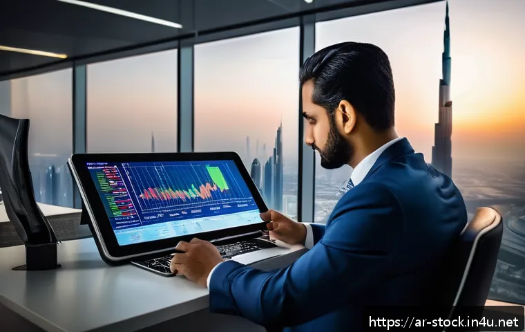 증권투자상담사 실무 팁 모음 - A sophisticated Middle Eastern financial analyst in a modern office overlooking a Dubai cityscape at...