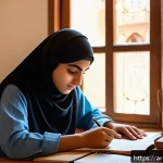 증권투자상담사 시험 준비물 체크리스트 - A focused young Arab student studying at a quiet, well-organized desk in a traditional Middle Easter...