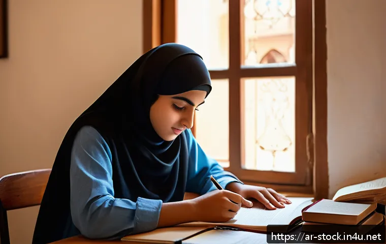 증권투자상담사 시험 준비물 체크리스트 - A focused young Arab student studying at a quiet, well-organized desk in a traditional Middle Easter...