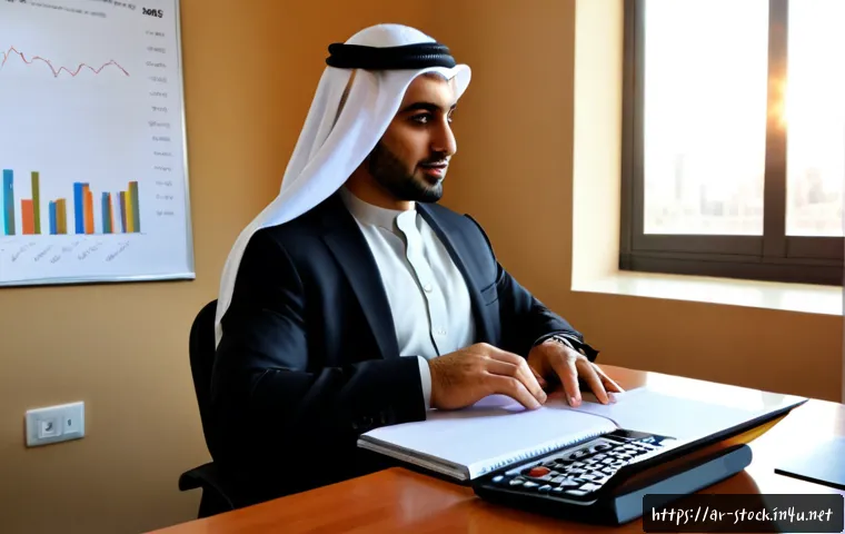 증권투자상담사 이론 정리 및 요약 - Photorealistic financial study scene for securities investment advisor theory review, Arab professio...